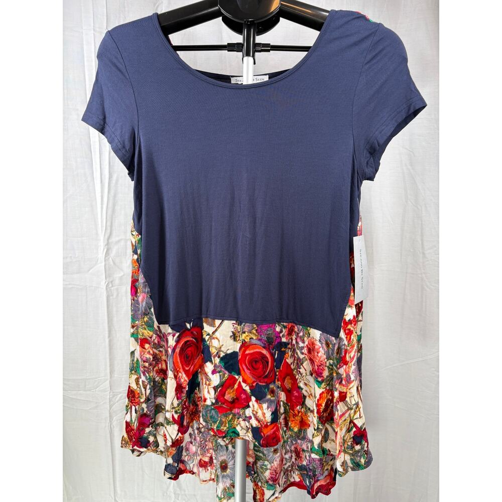 See And Be Seen Top Womens Small Floral Peplum Stretch Boutique Blouse SS